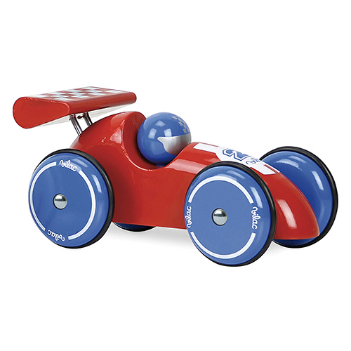 Vilac Závodní auto XL červené s modrými koly Rozměry: 23x11,5x12,5 cm Věk: 3+ Materiál: dřevo