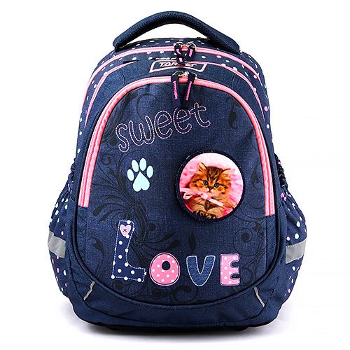 Studentský batoh Target Tmavě modrý, nalepovací kočička/pes na suchý zip, nápis Love