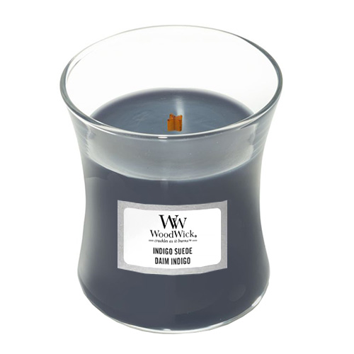 Svíčka oválná váza WoodWick Modrý semiš, 85 g