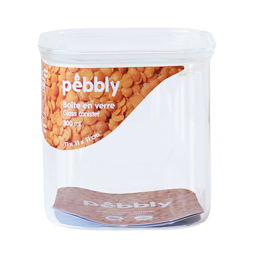Dóza Pebbly PKV-044, skleněná, čtverec, na jídlo, skleněné víko, 800 ml,