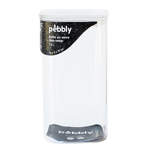 Dóza Pebbly PKV-045, skleněná, čtverec, na jídlo, skleněné víko, 1,4 l,