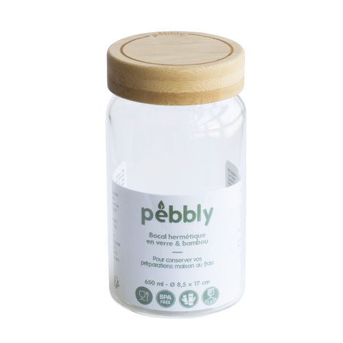 Dóza Pebbly PKV-027, skleněná, kulatá, na jídlo, 650 ml, bambusové víko