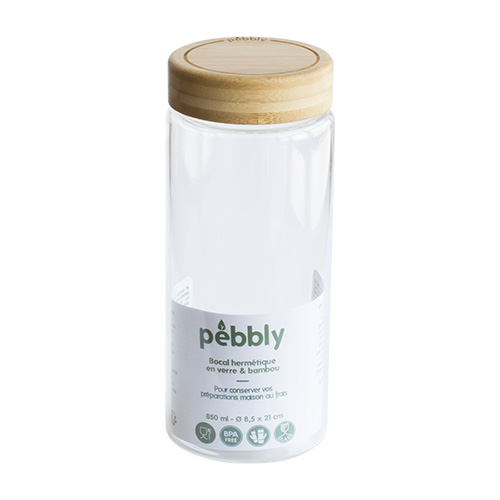 Dóza Pebbly PKV-028, skleněná, kulatá, na jídlo, 850 ml, bambusové víko